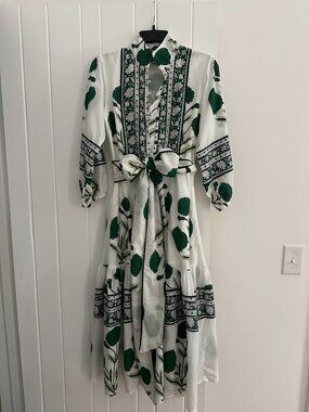 Sue Sartor Green & White Floral Flounce Dress